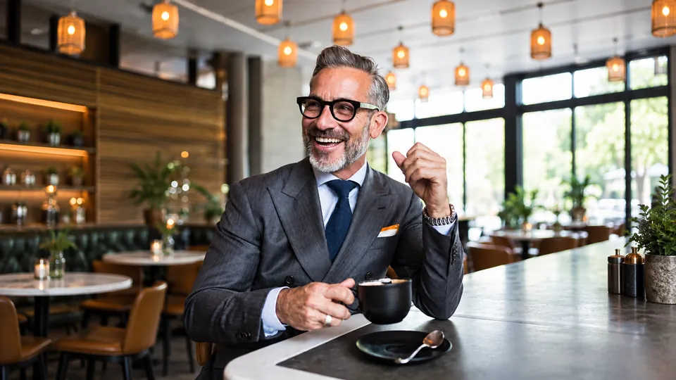 Older man smiling over coffee in a café