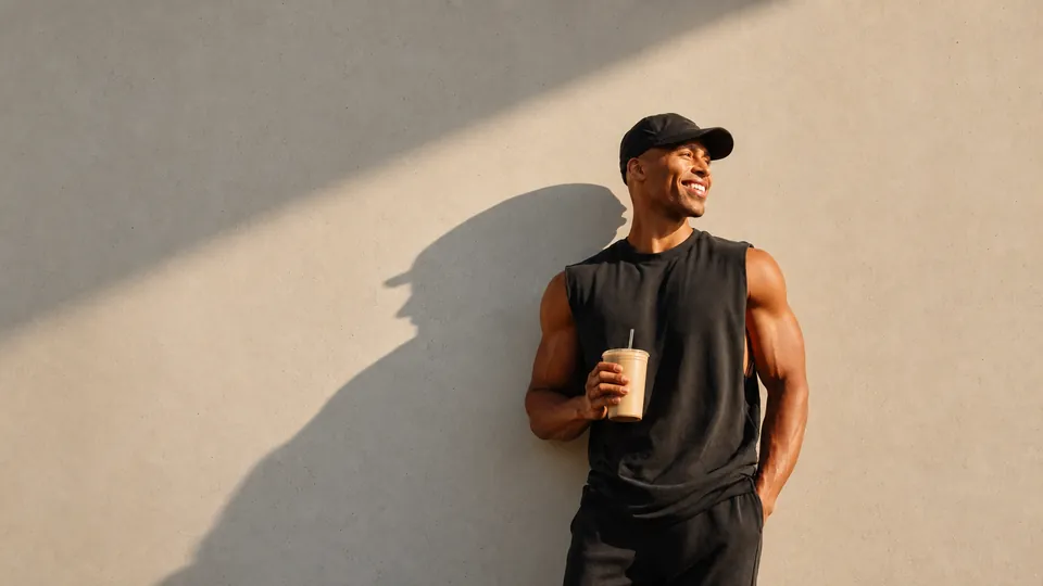 Athletic man holding a drink in warm sunlight