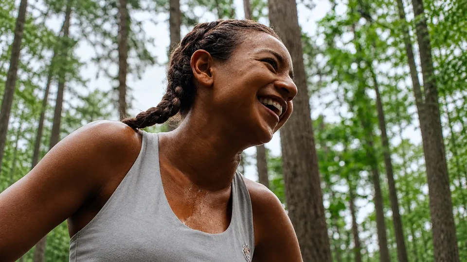 Runner smiling after a workout in the woods