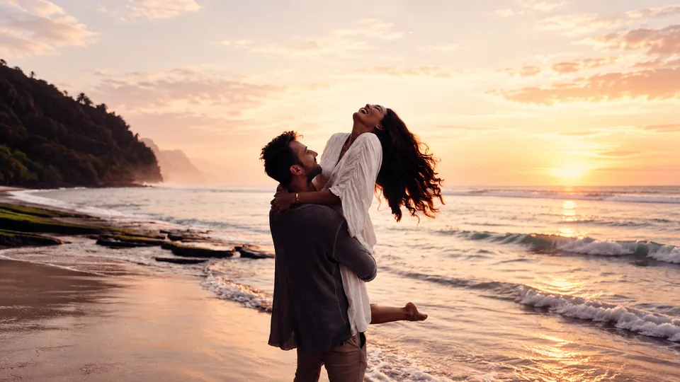 Couple laughing together on a beach at sunset