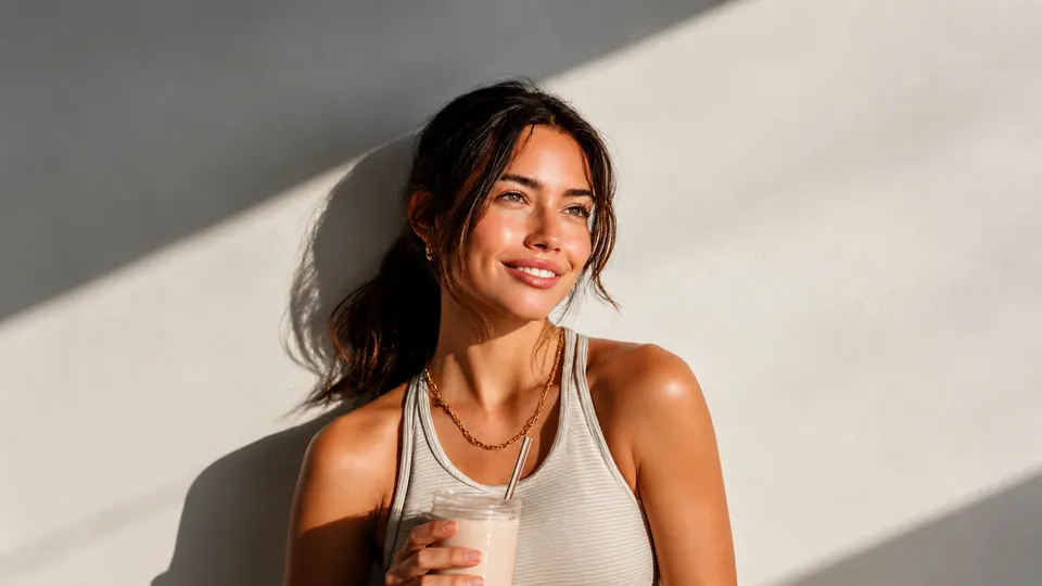 Woman holding a smoothie in warm sunlight