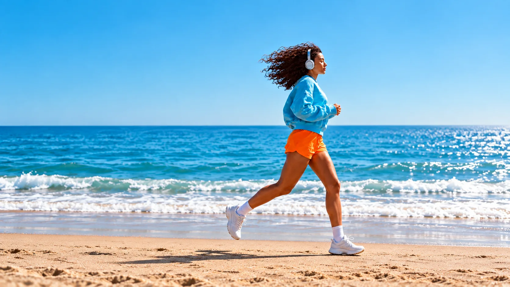 Woman running beside the ocean